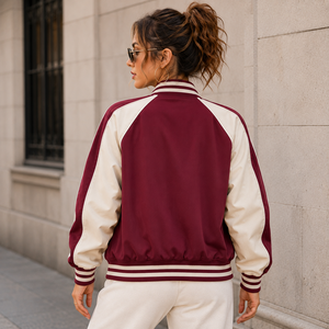 Veste universitaire pour femme, couleur marron et blanc contrasté, fermeture éclair, manches longues, col montant, tenue d'automne - Product Image 3