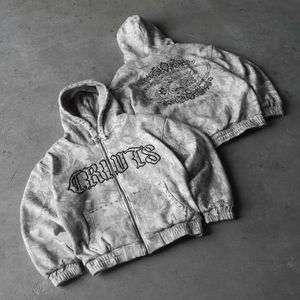 Conjunto de Sudadera con Capucha y Pantalones Cortos para Hombre, Estilo Vintage, Oversize, Desgastado, con Parche Bordado, de Felpa Francesa de Algodón, con Estampado Como y Cremallera - Product Image 5