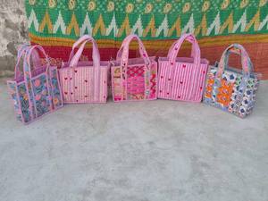 Small Bohemian Cotton Tote Bags Floral Striped Patterns Two Handles Open Top for Shopping All Seasons Rajasthan Jaif Textiles - Product Image 4