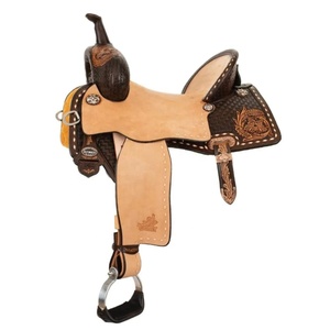 Sillín de caballo estilo Western de cuero marrón, acabado rugoso, asiento rígido, trenzado de cuero crudo, herrajes de acero inoxidable, de 10 a 18 pulgadas - Product Image 1