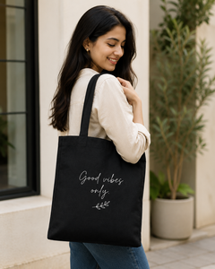กระเป๋าผ้าแคนวาส Good Vibes Only ขนาดใหญ่ ใช้ได้ทุกวัน หูหิ้วยาว ลายตัวอักษร สีดำ - Product Image 6