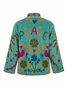 Chaqueta de Mujer de Terciopelo Turquesa Premium con Bordado Suzani, Chaqueta de Mujer con Bordado a Mano, Estilo Limpio y Elegante - Product Image 4