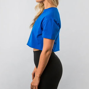 Crop top femme en coton 100% de haute qualité, coupe ample, uni, manches courtes, col rond - Product Image 3