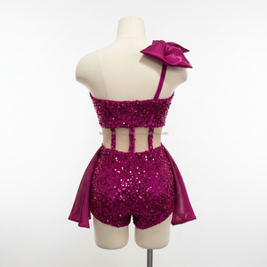 Majorette Pink Sequin Women's Jazz One-Piece Unitard Dance Costume <b>Mesh</b> Cutout Customizable Color Lightweight Performance - Product Image 3