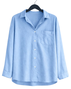 Ensemble deux pièces en lin bleu ciel pour femme, chemise à manches longues boutonnée et pantalon large à taille élastique, tenue décontractée - Product Image 1