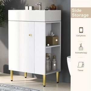 Mobile bagno bianco da 21,6 pollici in legno massello e PVC con specchio LED, mobiletto e lavabo singolo in ceramica, con vano contenitore a destra - Product Image 6