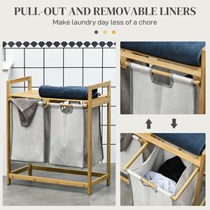 Cesto Portabiancheria Doppio in Bambù con Ripiano, 2 Sacchi Estraibili e Rimovibili, Legno Naturale e Grigio Scuro per Bagno - Product Image 6