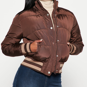 <b>Women's</b> <b>Brown</b> Quilted Bomber <b>Jacket</b> Full Sleeve Stand Collar Zipper Closure Polyester Wadding Autumn Short Length Puffer <b>Jackets</b> - Product Image 1