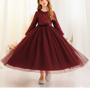 Robe de soirée princesse en velours bordeaux brodée de sequins et de dentelle douce à col en V pour filles, vente en gros OEM ODM - Product Image 1