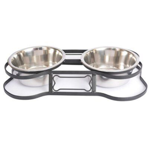 ชุดอาหารสัตว์เลี้ยงแบบพรีเมียมทรงกระดูกสองชั้น ชามสแตนเลสแบบถอดได้ พร้อมขาตั้งเหล็กดัดแข็งแรง สำหรับสุนัขและแมว - Product Image 1