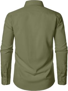 เสื้อเชิ้ตผู้ชายแขนยาวสีเขียวมะกอก กระดุมทรงแตร ผ้าป๊อปลินทอล์นด์ สีพื้น ป้องกันรอยยับ ทรงทางการ ปกคอเสื้อพับได้ - Product Image 2
