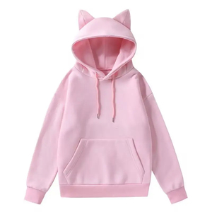 Sudadera con Capucha de Orejas de Gato Rosa, Unisex, Talla Grande, Color Sólido, Algodón French Terry, Estilo Casual para Otoño, Corte Regular - Product Image 1