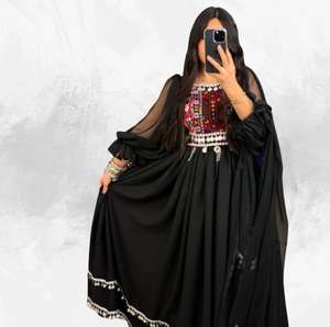 Black Embroidered Chiffon Bohemian Dress Floor Length A-Line Long Sleeve <b>Square</b> Neck Embroidery Style Wedding Dresses - Product Image 3