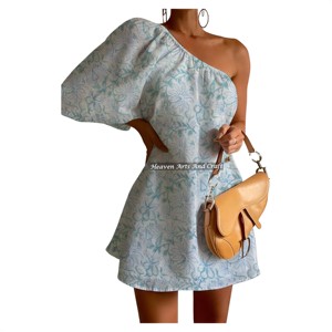 Vestido transpirable de manga abullonada con un solo hombro y estampado a mano, sexy y de ajuste regular, para mujer, estilo europeo-americano transfronterizo. - Product Image 5