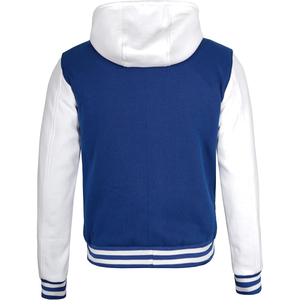 <b>Men's</b> Royal Blue Varsity <b>Jacket</b> Hooded Button Closure <b>White</b> Sleeve Solid Color Casual Style Autumn Wear Regular Fit Satin Lining - Product Image 2