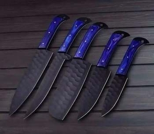 Ensemble de 5 couteaux de chef de cuisine en acier carbone Damas faits à la main, lames forgées, étui en cuir, écologique, personnalisé - Product Image 2