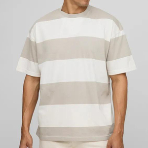 Men's Camiseta Striped Short Sleeve T-Shirt - Relaxed Fit Casual Crewneck <b>Tee</b> in <b>White</b> & Light Gray Oversized T-shirt - Product Image 1