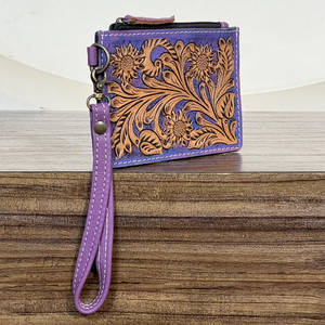 Customized Hand Tooled Genuine Leather Floral Pattern Zipper Western Style <b>Credit</b> <b>Card</b> <b>Holder</b> Luxury Mini Unisex Coin Pouch - Product Image 3