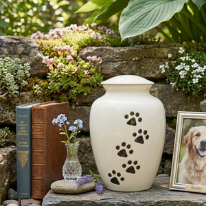 White Pet Cremation <b>Urn</b> With Black Paw Prints Design For Dog <b>Cat</b> Memorial - Product Image 5
