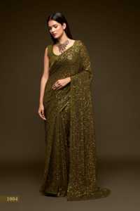 Sari de Georgette Verde Oliva al por Mayor con Lentejuelas Completas y Bordados, Traje Tradicional Indio de Lujo para Cóctel, Fiesta y Boda - Product Image 3