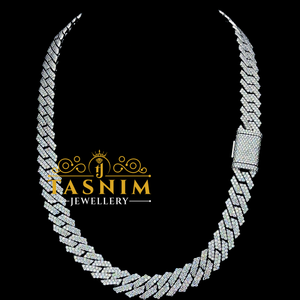 Chaîne cubaine TASNIM en or blanc avec moissanite VVS et diamant rond de 14 mm, sertie de griffes, de luxe, pour mariage homme et femme - Product Image 1
