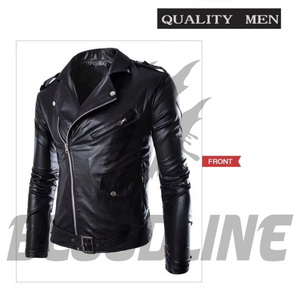 Chaqueta de Motociclista de Cuero PU Negra para Hombre, Corte Ajustado, Cierre de Cremallera, Cuello Camisero, para Otoño - Product Image 1