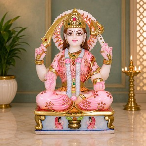 Statue de Santoshi Mata en marbre pour le culte avec épée, trident, couronne et piédestal décoratif – Maliyas - Product Image 3