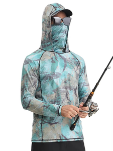 Ropa de Pesca de Secado Rápido con Protección UV de Alta Calidad, Camuflaje Azul y Rojo con Diseño de Espina de Pescado Personalizado, Camisas de Pesca de Manga Larga - Product Image 1