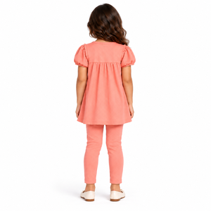Conjunto de Túnica con Volantes y Lazo Rosa Coral para Niñas, Conjunto Casual de Dos Piezas para Niños, Tela Acanalada Suave, Ropa de Verano al por Mayor - Product Image 5