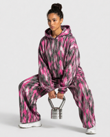 Setelan Training Wanita Grosir Custom Contrastline Loose Fit Motif Kamuflase Bahan Fleece Katun Premium Hoodie Wanita Dan Celana Kaki Lebar