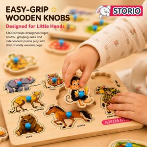 Rompecabezas de madera con animales, vehículos y frutas con perillas, juguete clásico para niños pequeños - Product Image 3