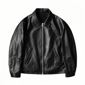 Blouson moto en cuir véritable noir pour homme, col rabattu, fermeture éclair, manches classiques, couleur unie, style motard, vêtement d'automne - Product Image 2