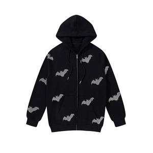 Sweat-shirt à capuche zippé noir pour homme avec imprimé chauve-souris, coupe oversize, en coton tricoté, style décontracté, idéal pour l'automne - Product Image 1