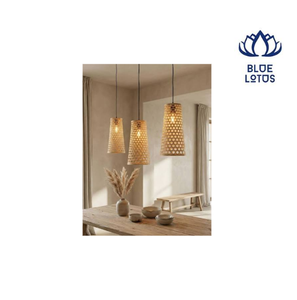 โคมไฟเพดานทรงกระบอกหวายลายดอกบัวสีน้ำเงิน ขนาดใหญ่ ขั้วหลอด E26 LED 3000K แสงวอร์มไวท์ ควบคุมด้วยระบบสัมผัส ตัวโคมสีทอง สำหรับติดตั้งบนเพดาน - Product Image 1