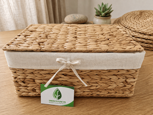 Panier de rangement artisanal en jacinthe d'eau durable, fabriqué au Vietnam, vente en gros directe d'usine, avec doublure et couvercle en lin lavable - Product Image 5