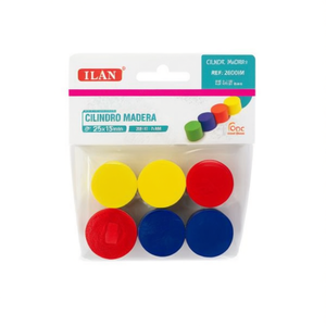 Bouchons en bois cylindriques Ilan 25x15mm colorés, lot de 6 - Product Image 1