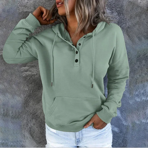 2026 Fashion Trend Long Sleeve Loose Casual V-collar Button Hooded Drawstring Pocket Hoodie - Product Image 1