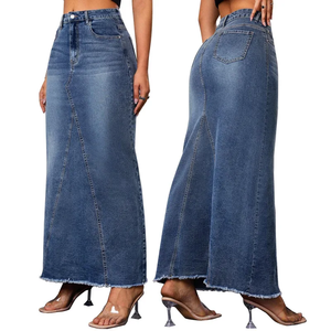 Jupes longues en jean pour femme, taille haute, extensibles, avec poches, style vintage déchiré, coupe trapèze, pour l'été, streetwear 2025 - Product Image 1