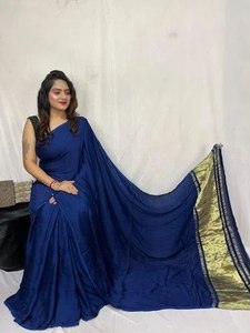 Sari en viscose et soie modal de qualité supérieure pour femme, avec bordure dorée en tissu et pallu, chemisier assorti, infroissable, séchage rapide, style élégant - Product Image 4