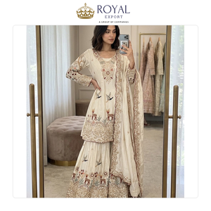 <b>Top</b> Notch Quality Beautiful Designer Indian Clothing Collection of Chinnon Silk Sharara Suit with Embroidery Work at Low Price - Product Image 3
