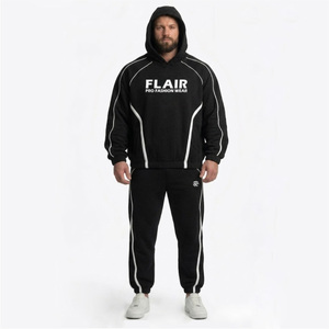 Men’s Black Fleece Tracksuit Custom Logo Hoodie Jogger <b>Set</b> Contrast Stripe Streetwear Two <b>Piece</b> <b>Set</b> - Product Image 6