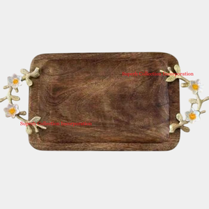 Plateau de service rectangulaire en bois au design vintage avec poignées en métal doré, finition laquée, plateau de service, vente d'usine OEM - Product Image 4