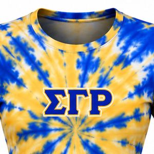 T-shirt Tie-Dye Bleu Jaune à Manches Courtes Col Rond Imprimé Graphique Décontracté en Coton pour Femme – Haut Tendance Estival Personnalisable - Product Image 6