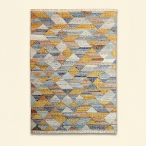 DECORDEC Tapis en laine fait main géométrique bleu moutarde Prisme Doré, motif triangulaire abstrait en mosaïque, écologique, antidérapant, rectangulaire - Product Image 1