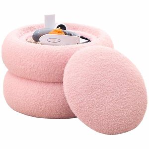 Pouf Contenitore Moderno Rotondo a Forma di Macaron in Velluto Teddy, Tavolino Laterale per Soggiorno con Vassoio Poggiapiedi, Pouf e Sgabelli - Product Image 1