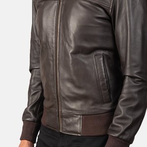 Blouson aviateur en cuir véritable pour homme, col rabattu, fermeture éclair, coupe ajustée, style moto, vêtement d'automne pour homme - Product Image 6