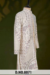 Sherwani Premium para Hombre, Personalizado, con Base de Seda, Tradicional, Largo hasta la Rodilla, con Motivo de Pavo Real, Sin Arrugas, Cuello Mandarín - Product Image 6