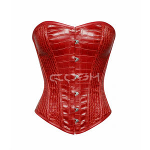 <b>Women</b>’s <b>Red</b> Crocodile Genuine Leather Corset Waist <b>Trainer</b> Club Wear Top with Steel Boning - Product Image 1