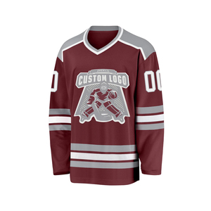 Maillot de hockey personnalisé pour hommes, rayé gris et marron, col en V, manches longues, avec logo imprimé, numéro 00 - Product Image 1
