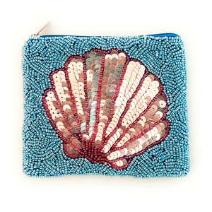 Multicolor Rectangle Sequin Beaded Clutch Zipper Pouch Handmade Trendy Custom Size Unisex Ocean Shell Cosmetic Coin <b>Wallet</b> - Product Image 1